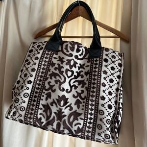 Kate Landry Women Brown White Damask Velvet Tote Bag Large